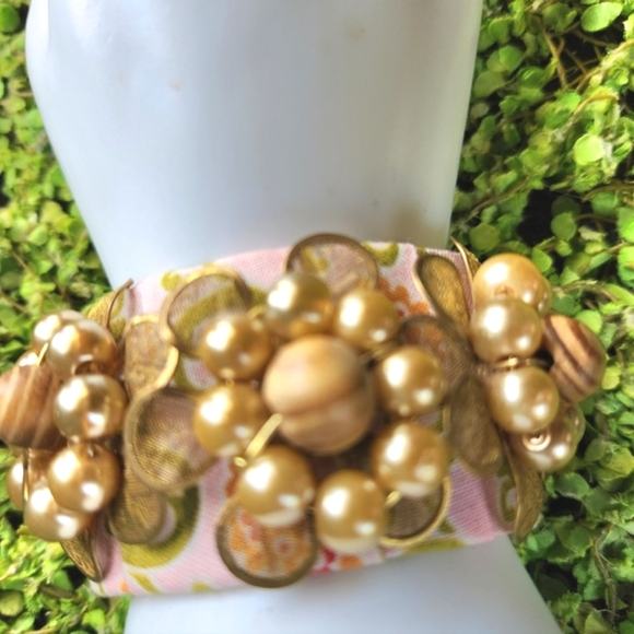 LENORA DAME Anthro Pleats Cottage Floral Fabric Gems Pearls Metal Cuff Bracelet - Picture 10 of 16